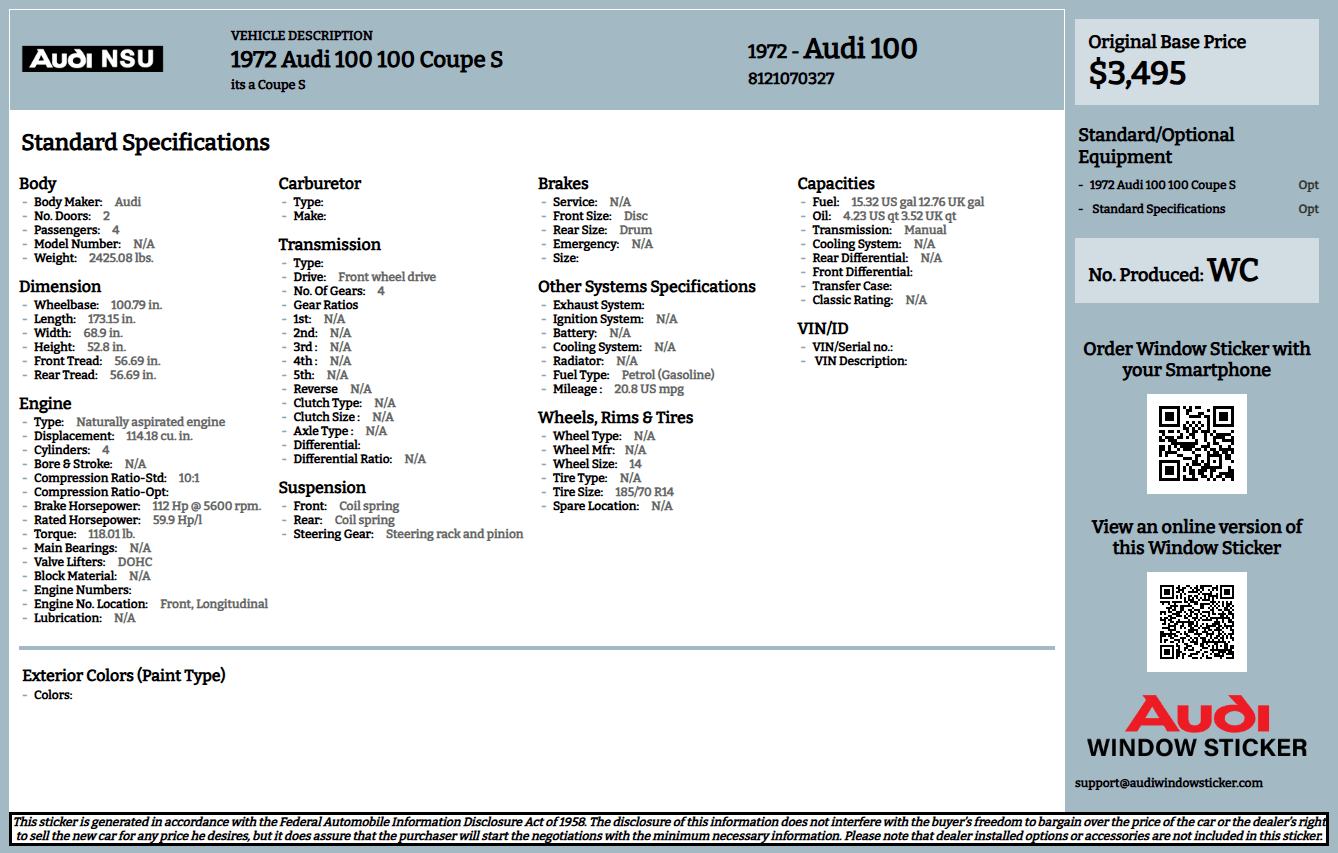 Audi Build Sheet